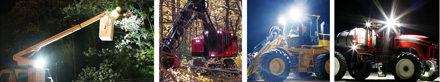 Various heavy duty applications with various work lamps fitted to machinery and vehicles
